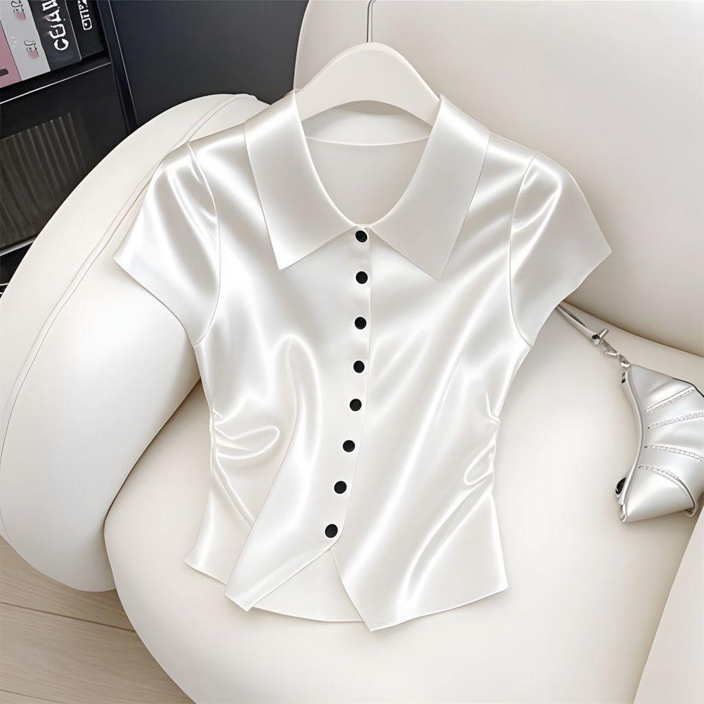 Summer Fashion Temperament Buttons Solid Color Shirts Ladies Fashion Turn-down Collar Short Sleeve Blouse Women Clothes