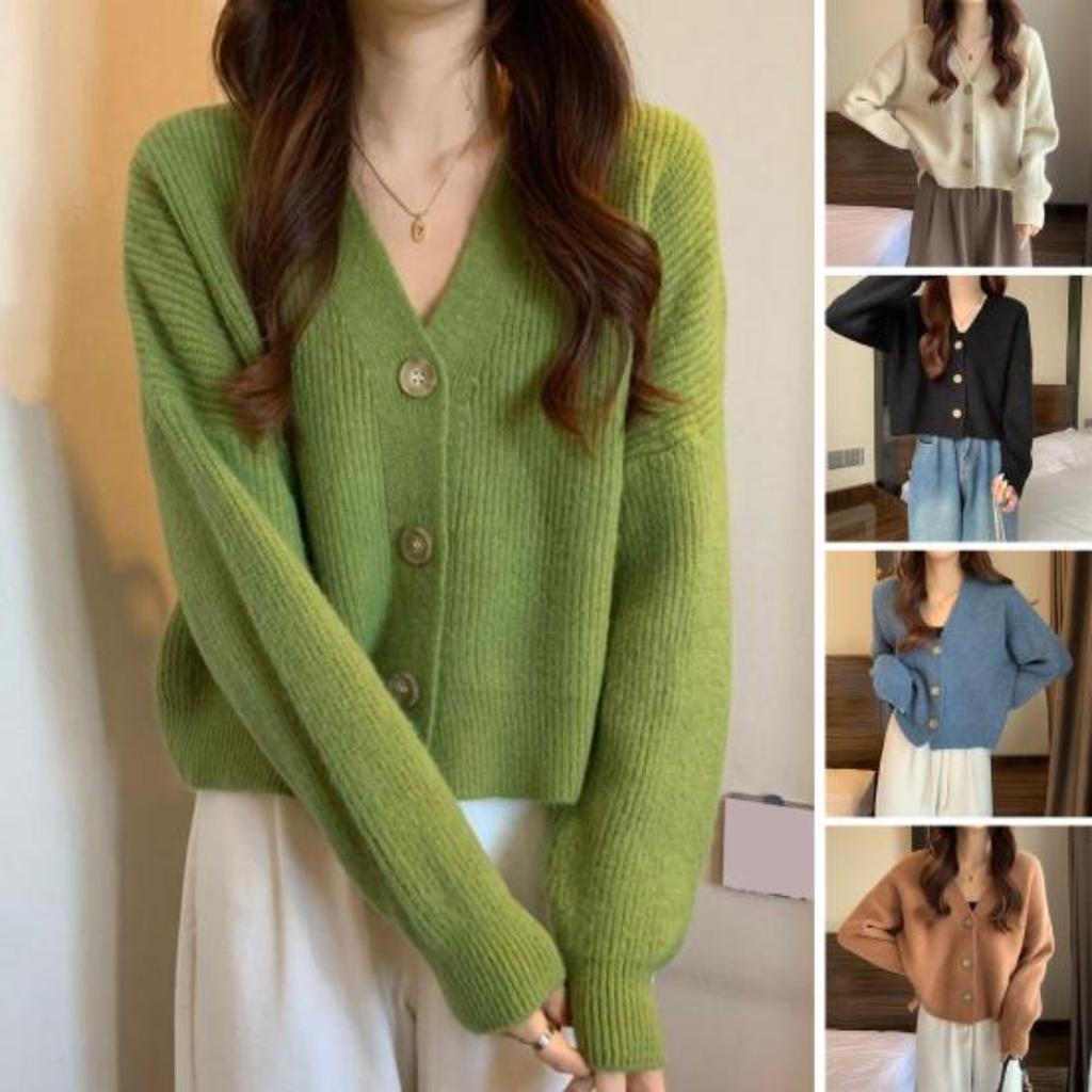 Women Autumn Winter Solid Color Knitting Sweater Coat V-neck Long Sleeve Single Breasted Loose Fit Knitting Cardigan Outwear Streetwear