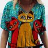 2024 T Shirt Women Print Women Cat T Shirt New Summer Short Sleeve V-Neck Casual Loose Top Oversize Female Streetwear Top Size