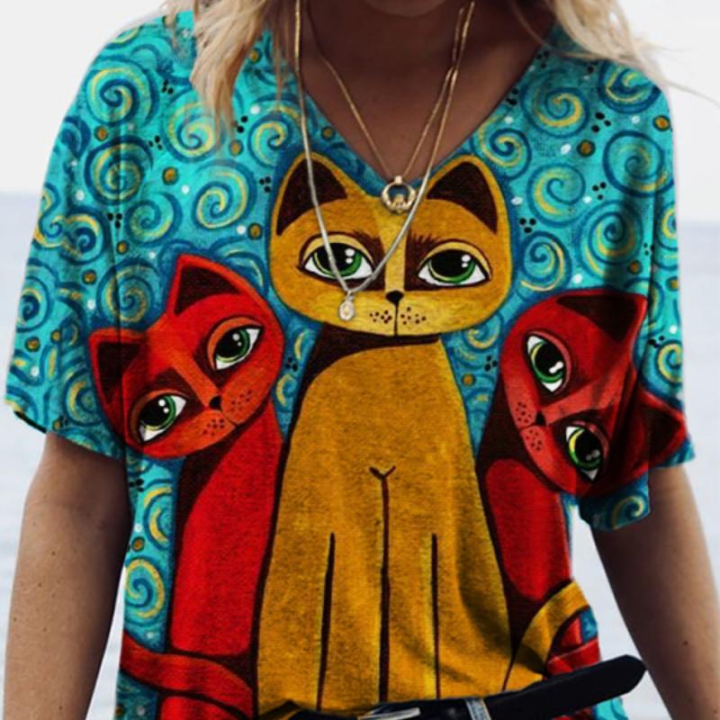 2024 T Shirt Women Print Women Cat T Shirt New Summer Short Sleeve V-Neck Casual Loose Top Oversize Female Streetwear Top Size
