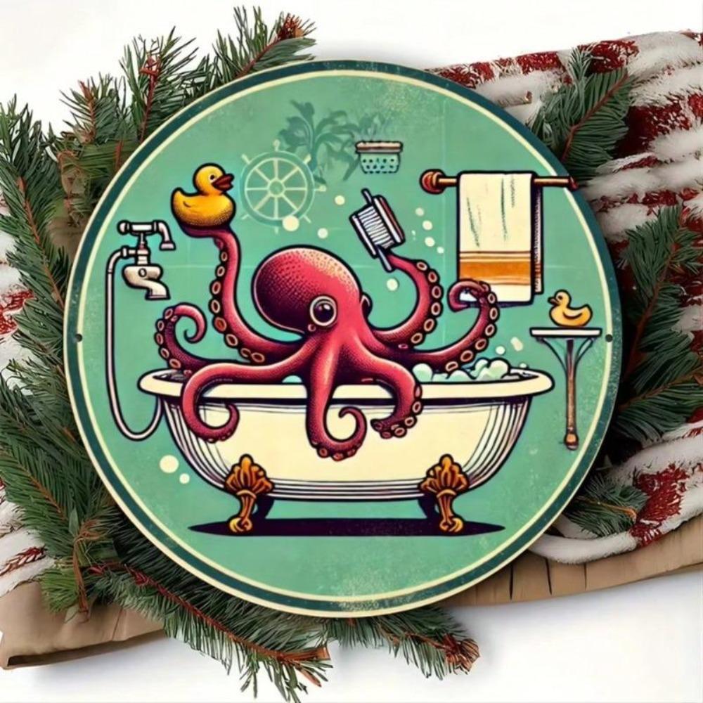 Vintage Tin Wall Decor Circular Ocean Octopus Bath Art