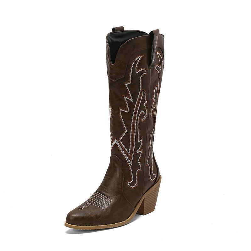 Womens Retro Embroidered Western Cowboy Boots Chunky Heel Color Block Knee High Fashion