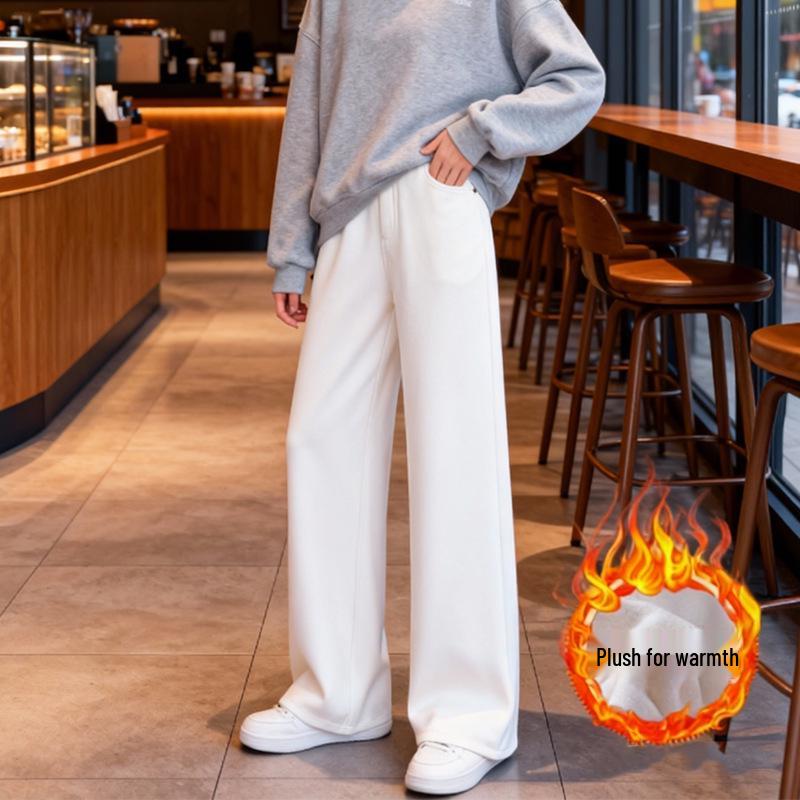Women's High Waist Velvet Plus Wide-Leg White Jeans - Winter Thickened for a Longer Leg Look