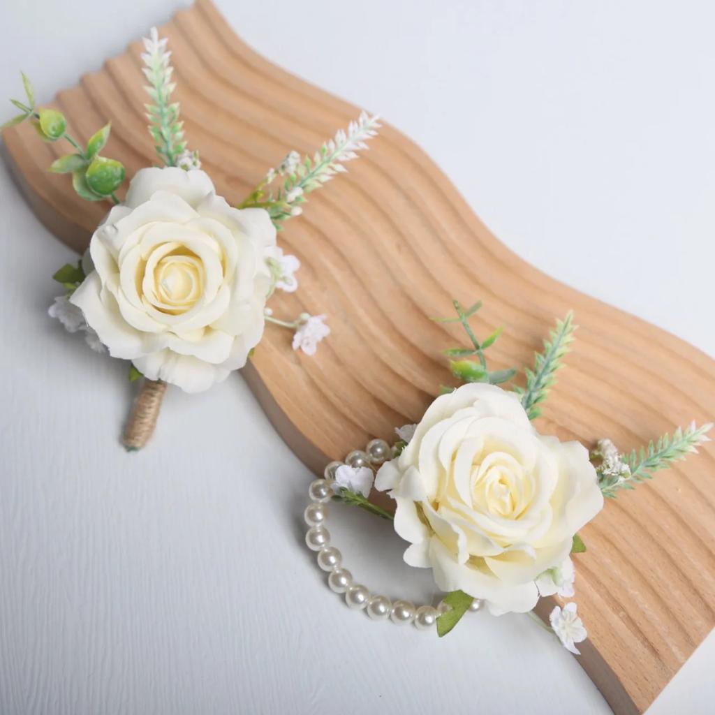 6pcs Rustic Artificial Rose Boutonniere Corsage Set Dusty Rose White Wristband Prom Suit Flowers for Wedding Ceremony