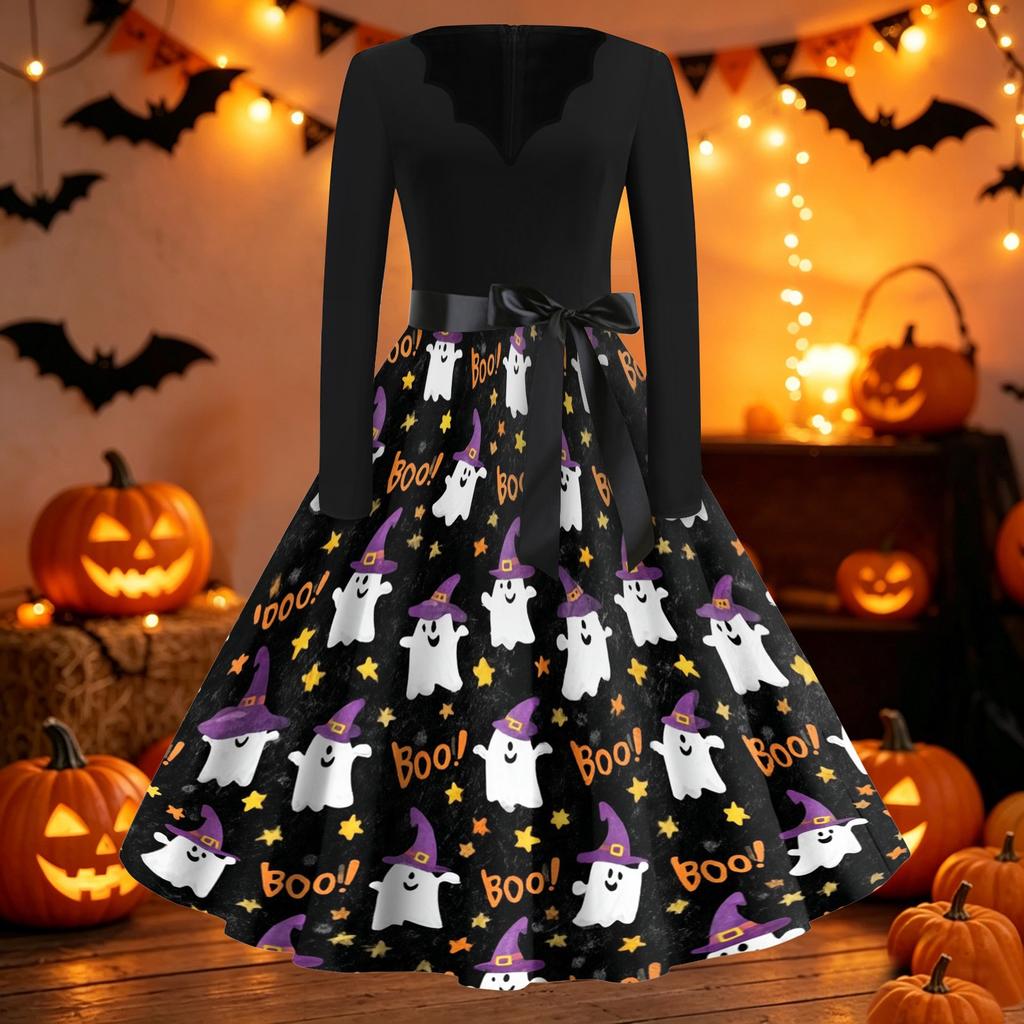 Women's Casual Vintage Halloween Dress V Neck Long Sleeve Retro Style Fit and Flare Knee Length Dress with Ghost Print and Waist Tie