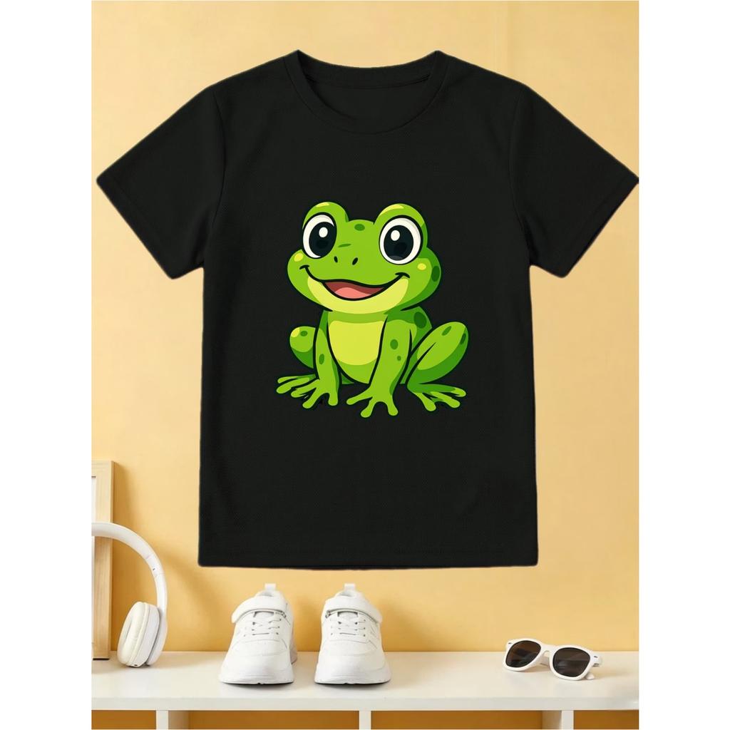 Round-neck Short-sleeved T-shirt for Boys with Cute Cartoon Frog Print, Breathable and Comfortable