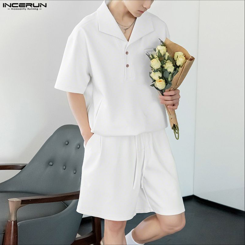 INCERUN Two Piece Suit Men Lapel Neck Short Sleeve T-Shirts Shorts Casual Sports Outfits Sets