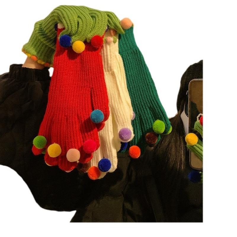 Knitted Five Finger Hair Ball Gloves Cute Little Jelly Beans Winter Women Touch Screen Warm Cycling Accessories