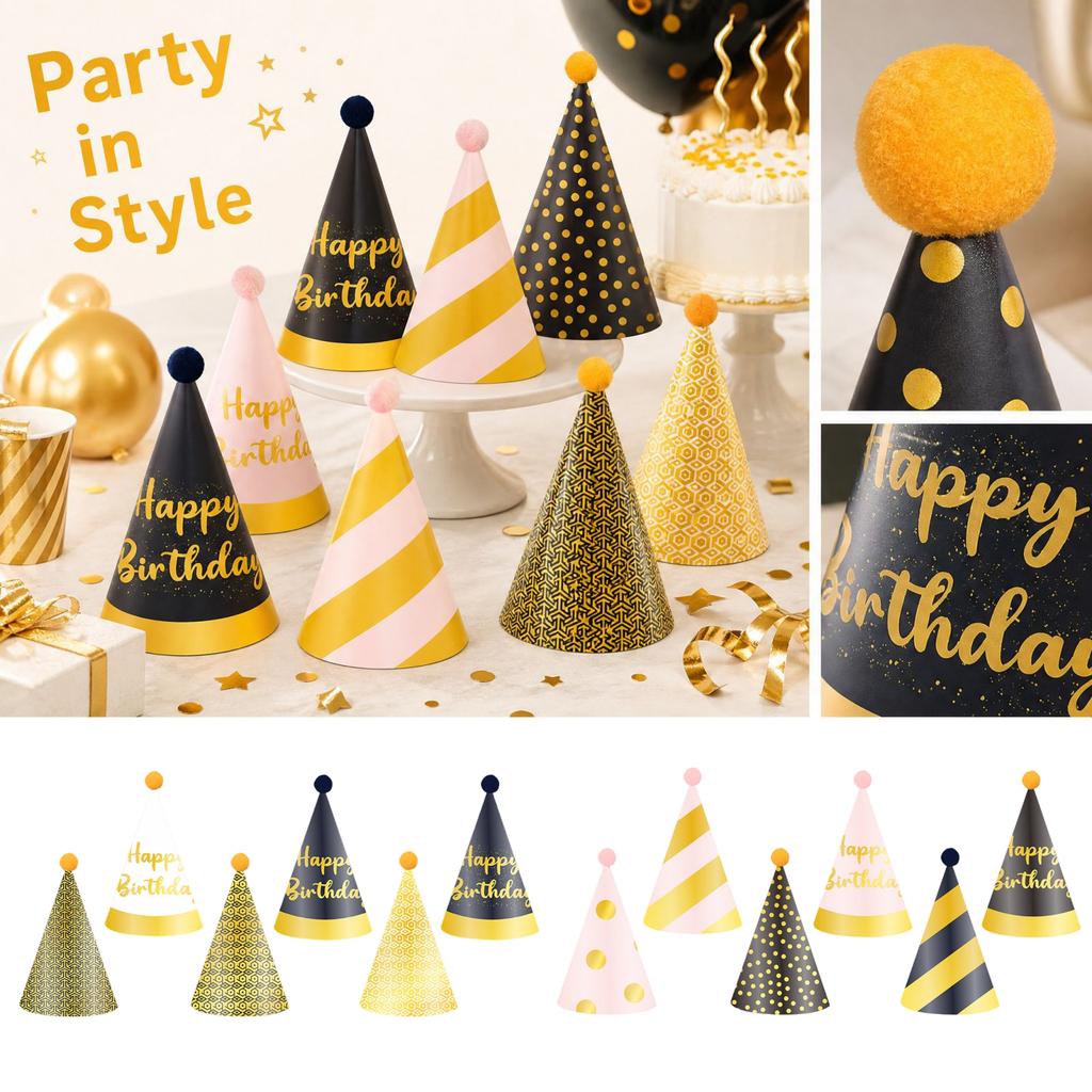 Birthday Party Hats with Pom Poms for Adults and Kids, Birthday Theme Party Decoration Supplies