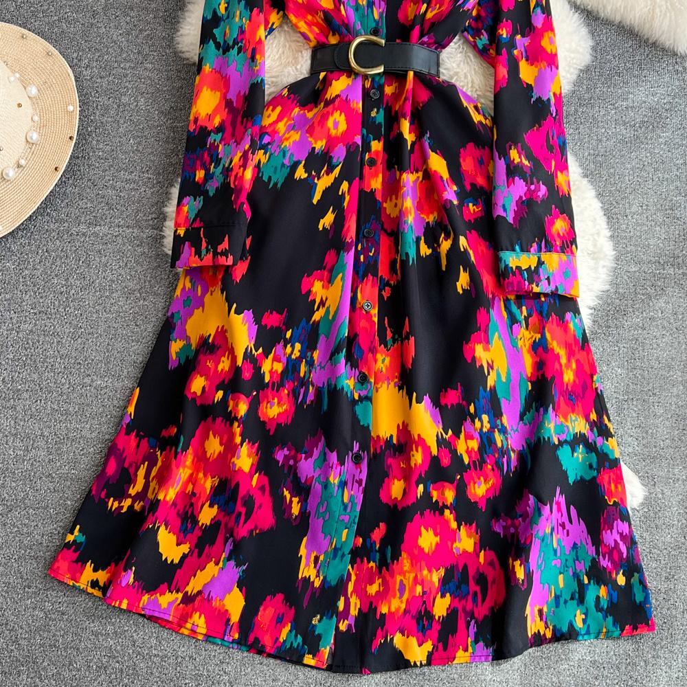 Nowa jesienna moda damska sukienka z kwiatowym nadrukiem skręcić w dół kołnierz z długim rękawem jednorzędowa linia w stylu vintage Midi sukienki imprezowe