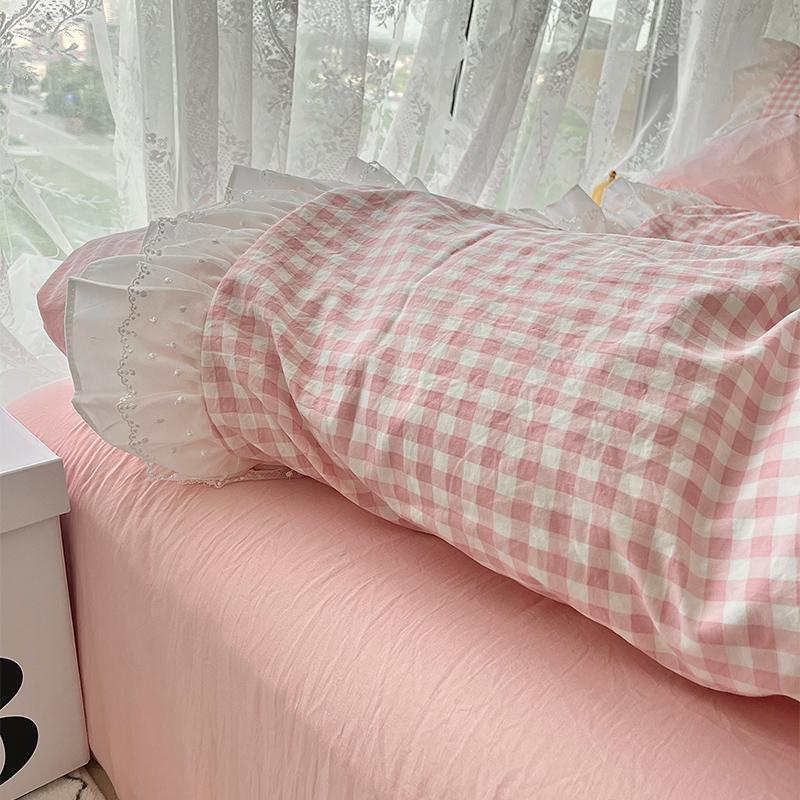 Korean Princess Style Lattice Double Layer Lace Bedding Set Soft Quilt Cover Plaid Style Duvet Covers Set Bed Sheet Pillowcases