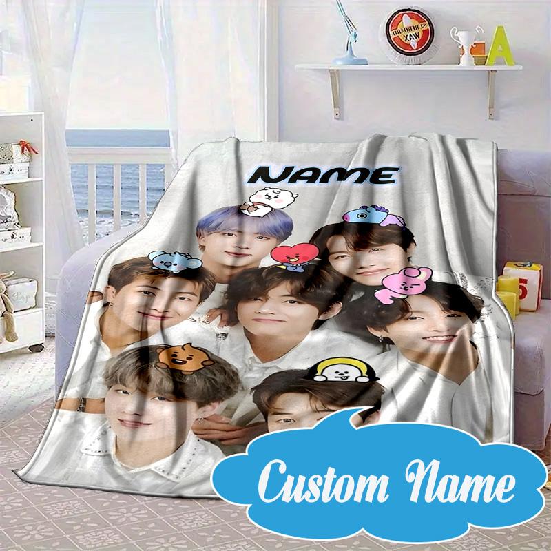 Custom Name Kawaii Stars K-pop Blanket bed sofa Blanket Flannel Blanket for Camping, Hiking, Picnic Essentials,gift for Fan family
