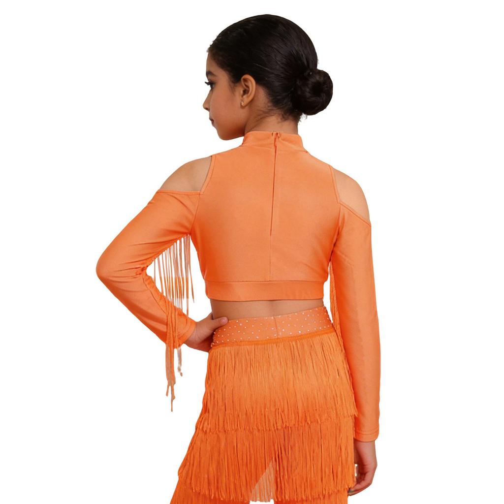 Girls Latin Dance Tops Tassels Long Sleeves Back Invisible Zipper Shiny Rhinestones Crop Top