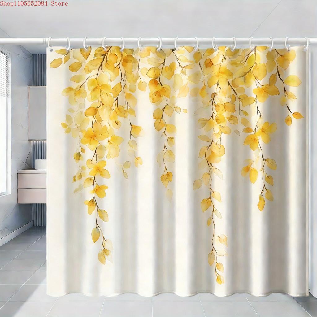 Watercolor Green Hanging Leaves Waterproof Shower Curtain For Bathroom Decor