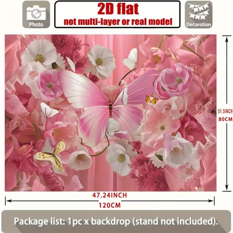 2D Romantic Pink Flower Wall with Large Butterfly Backdrop