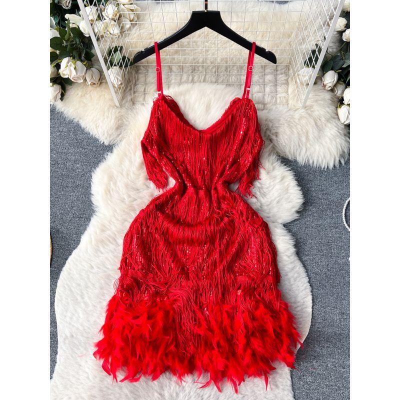 Feather Dress Ins Open Back Sling Tassel Sequins