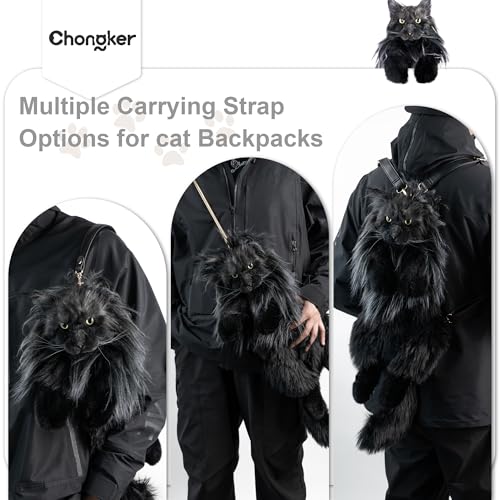 Chongker Handmade Realistic Cat Plush Toy Backpack, a Gift for Pet Lovers and Women (Black Maine Cat)