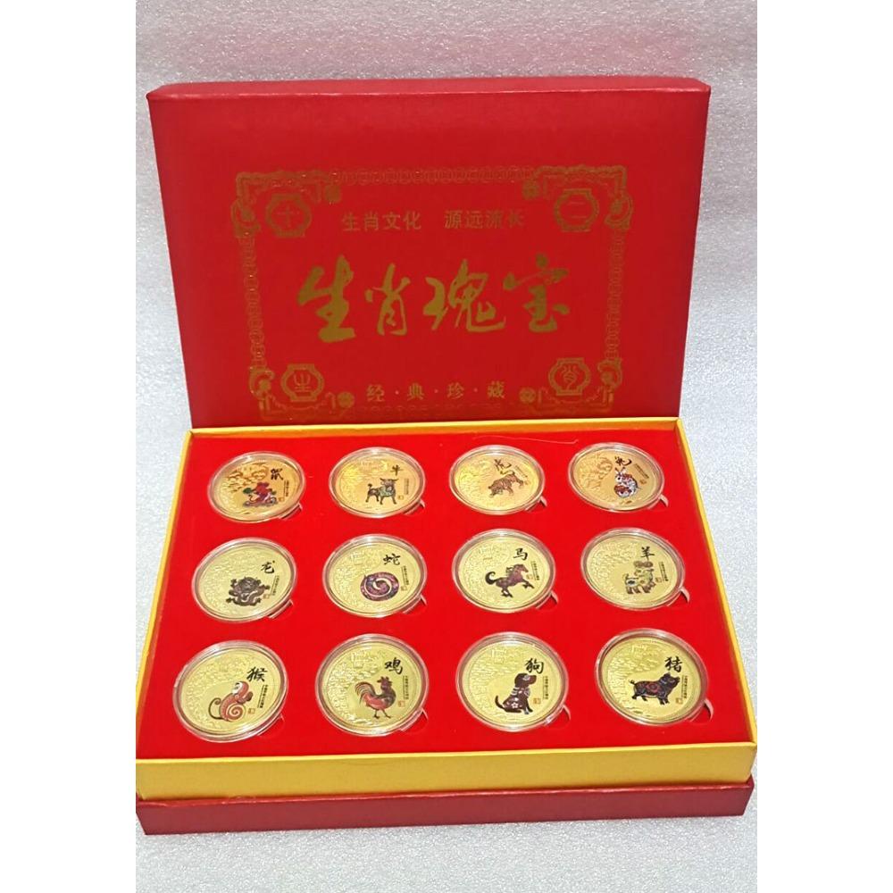 Färgglada stjärntecken, Minnesmedaljer, 12 stycken, Komplett set, Guldmynt presentförpackning, Stjärntecken minnesmynt, Metallhantverkspresenter