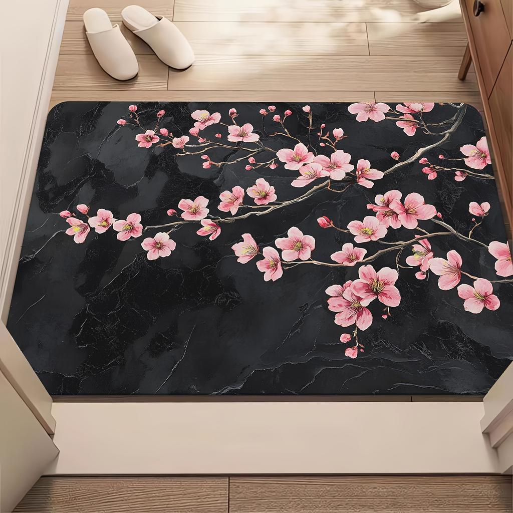 Luxury Pink Plum Blossom On Black Marble Non Slip Area Rug Washable Indoor Floor Mat for Chinoiserie Japanese Zen Home Decor