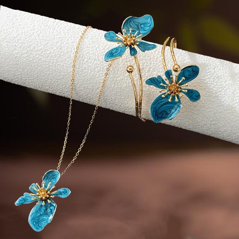 

Flower creative enamel glaze bracelet necklace set personality exaggerated niche design sense daily party peacock синього кольору