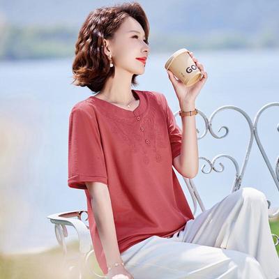 Pasite Damski Letni T-shirt Casual z Okrągłym Dekoltem i Haftem