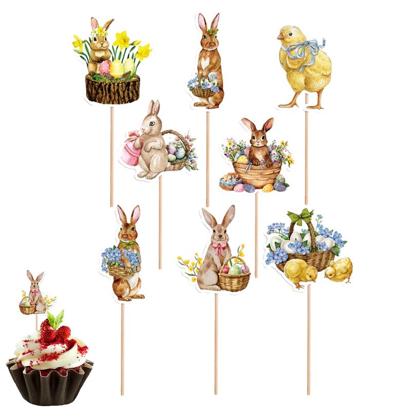 8pcs Easter Cake Inserts Tag Decorations Bunny Easter Holiday Party Cake Decoration Insert Card For Easter Party Food Deco