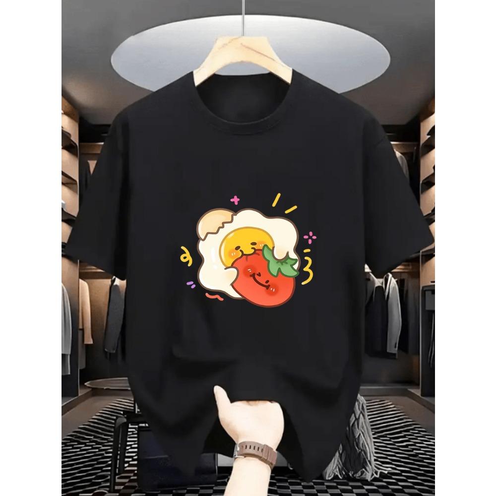 Unisex Black T-Shirt Cute Apple Head Girl with Sweat Drops Print Crew Neck Short Sleeve Top