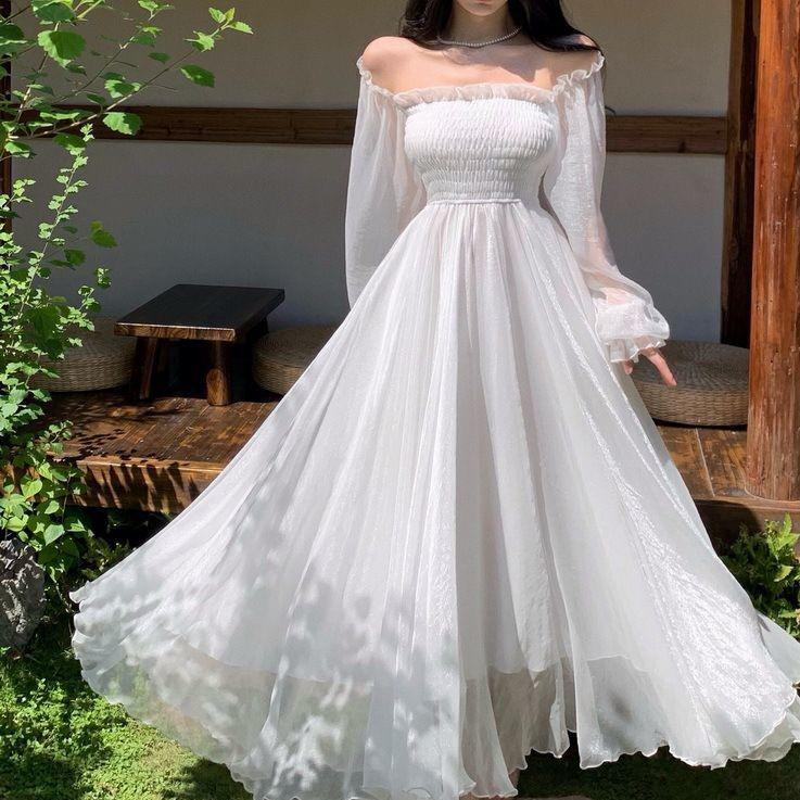 2026 Sanya Beach Resort Dress, White Chiffon, Large Hem, Extra Long, High-End Feel