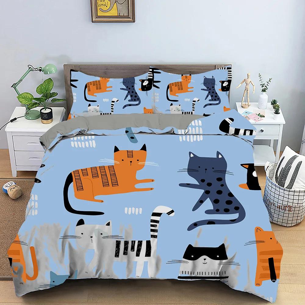 Cartoon Cat Duvet Cover Kawaii Black Kitty For Kids Teens Women Girls Pet Animals Polyester Quilt Cover For Bedroom Decoration