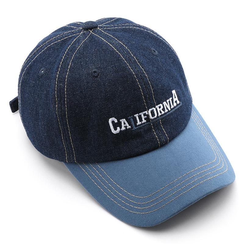 Men's baseball cap with letter embroidery, color-blocked design, and denim accents, suitable for outdoor activities, providing sun protection and
