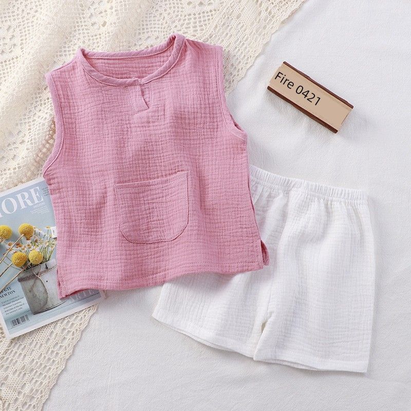 

2 Складки Зона Отменена Бренд Младенческий Костюм Лето Детский Костюм-Двойка Хлопок Однотонный Двухслойная Марля Жилет Pink + White [pullover] 120cm