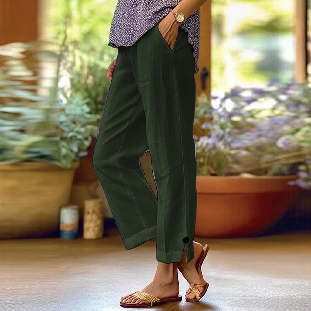 Women's Fashion Solid Color Loose Solid Color Elastic Waist Pocket Straight Leg Casual Cropped Pants