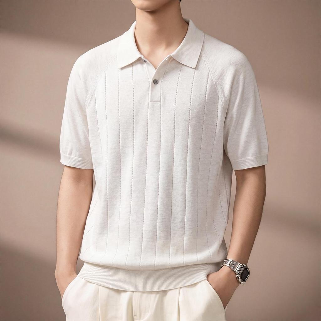 Men’s Luxury Textured Knit Polo Shirt – Ice Silk Short-Sleeve with Lapel