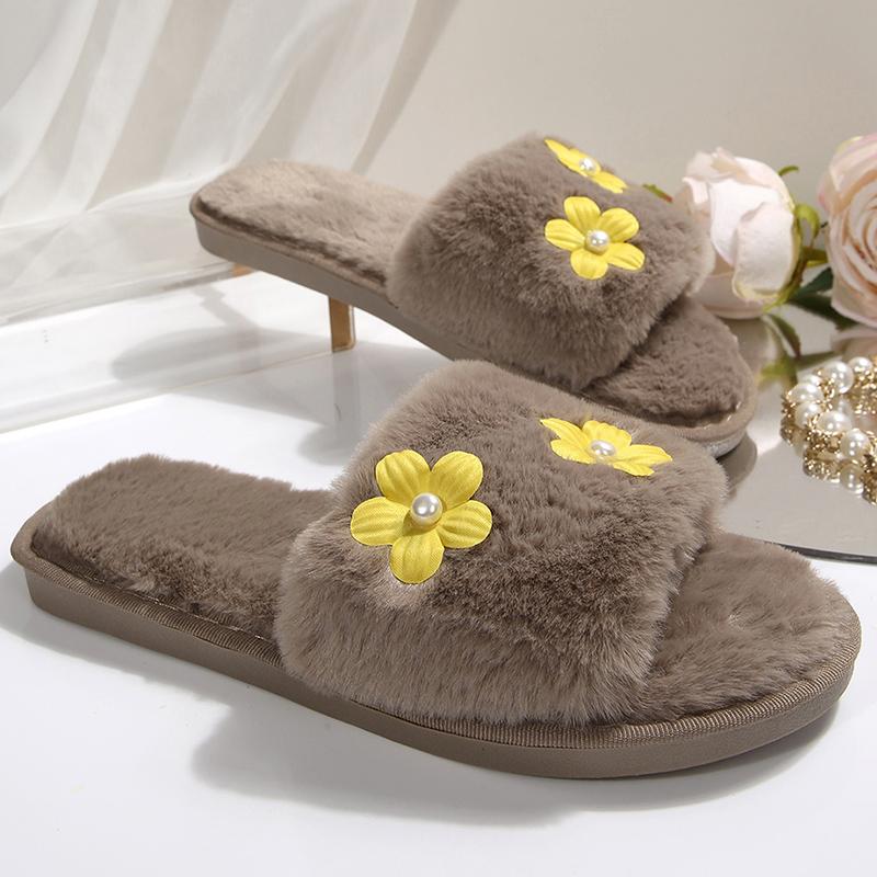 Fashion Pearls Flower Detor Fur Slippers for Women Comfortable Faux Fur Warm Plush Slides Woman Light Slip On Cotton Slippers Mujer