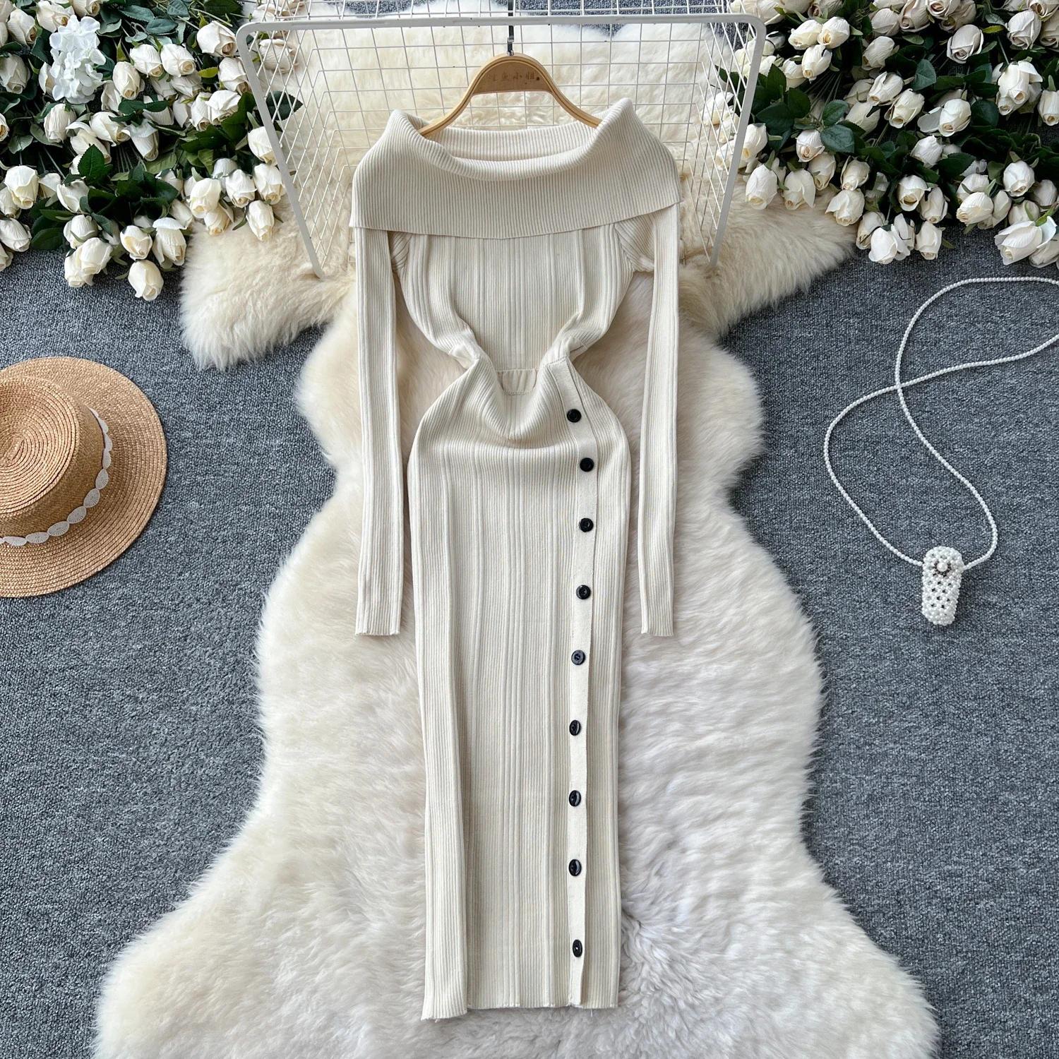 Трикотажные длинные платья для женщин с вырезом-лодочкой и открытыми плечами