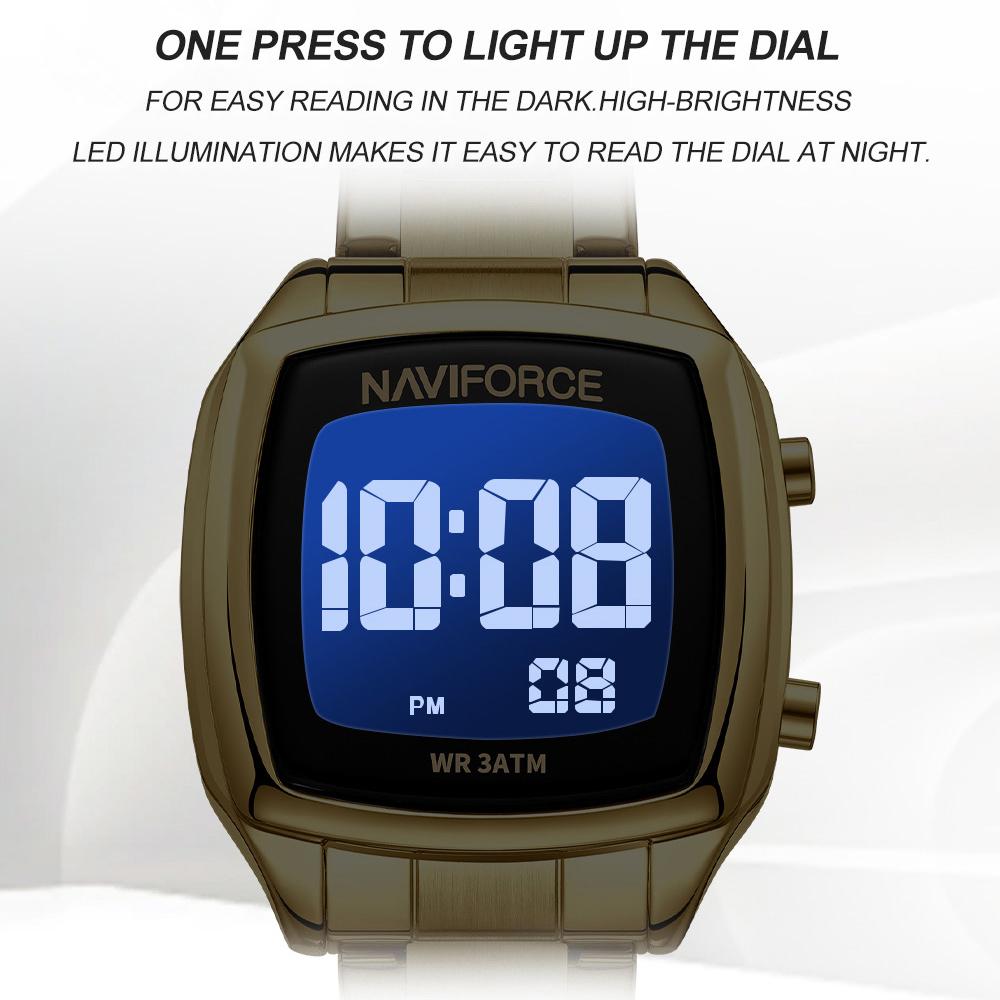 NAVIFORCE Women Digital Waterproof Watch Casual Sport Multifunction Stopwatch Gold Square Luminous Date Dial Stainless Steel Strap NF5047