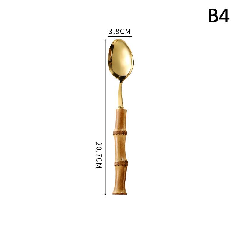 Long Handle Serving Spoon Fork Stainless Steel Gold Silver Bamboo Wooden Salad Spork Dessert Salad Spoon Tableware Set Kitchen