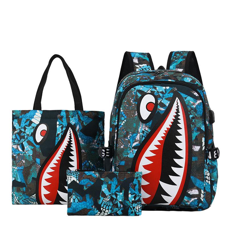 Cute Shark Set Schoolbag New Personalized Creative Men's and Women's Backpack Junior High School Campus Three-piece Backpack