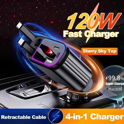 120W PD QC 3.0 4-in-1 Auto Einziehbarer Schnellladegerät Telefonladung für Apple USB Typ C Drehbarer Zigarettenanzünder Adapter