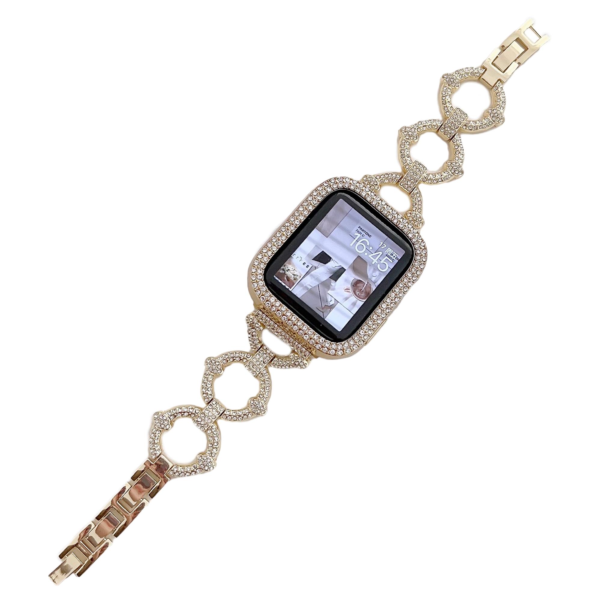 

Ремінець для Apple Watch Series 10 42мм/9 8 7 41мм/SE (2023) SE (2022) SE 6 5 4 40мм/3 2 1 38мм Металевий ремінець для годинника з стразами у формі літери О Gold