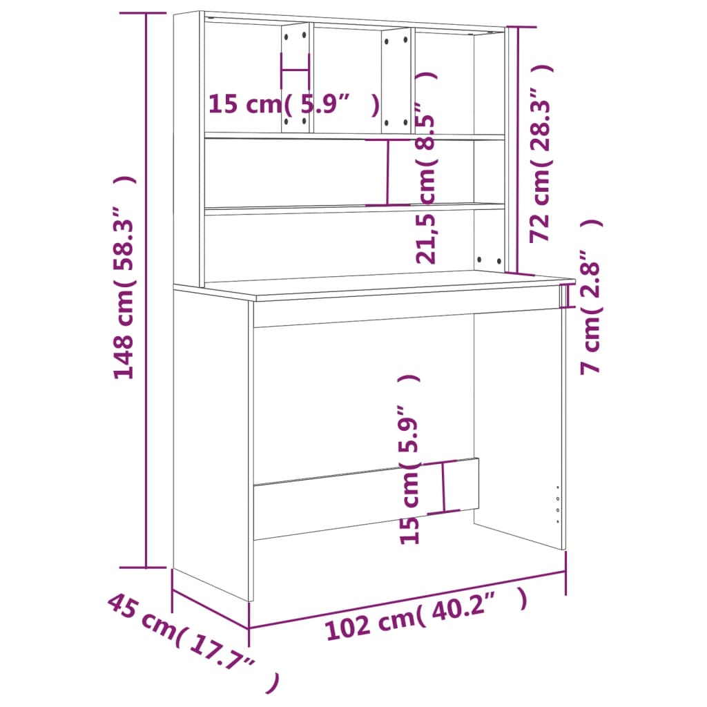 Büroschreibtisch Mit Bücherregal, Computertisch Mit Ablagefach, Aufbewahrungs- Und Schminktisch, 102x45x148 Cm