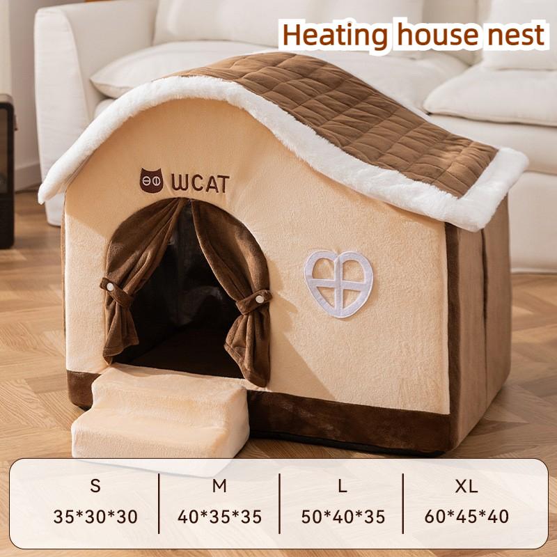 

Plush Heated Cat House Removable Comfortable Indoor Cat Beds Closed Warm Cozy Cottage Style Cats Bed Heating Sleeping House S