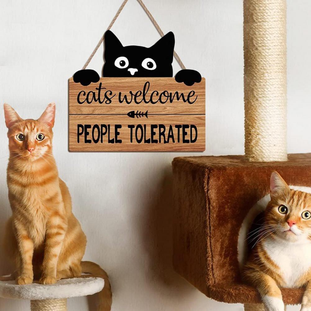 22*20cm Welcome Sign Boxwood Cat People Tolerated Sign Front Door Wall Hanging Wooden Plaque Hanger Black Kitten Garden Decor