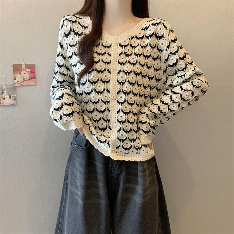 

Plus size women clothing Korean Style Retro Simple Stripe Lazy Hollow Knit Long sleeve Sun Protection Outerwear Cardigan Stripes 4XL(Large size)