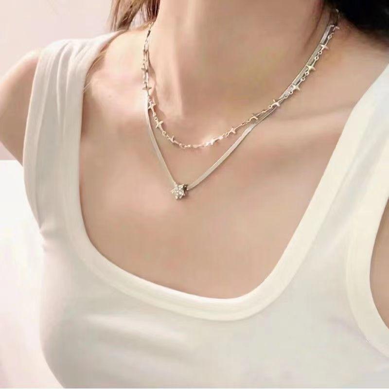 Hottie Stacks Double Star Cross Necklace Personality Ins Tide Collarbone Chain