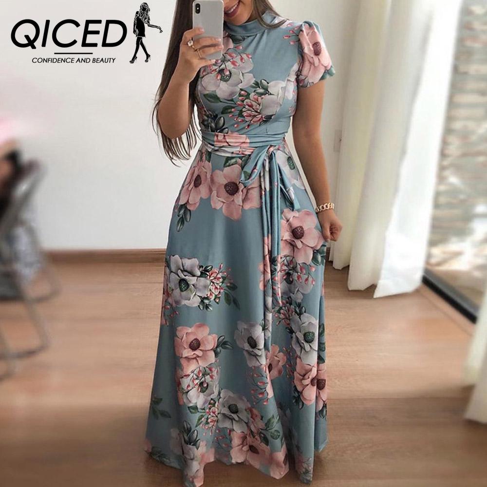QICED Rochie de vară pentru femei până la podea, cu mânecă scurtă cu imprimeu floral, cu gât rotund, rochii casual