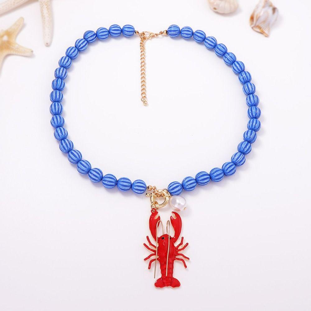 Lobster Enamel Crab Pendant Necklace Cute Bohemian Collarbone Chain  Beach