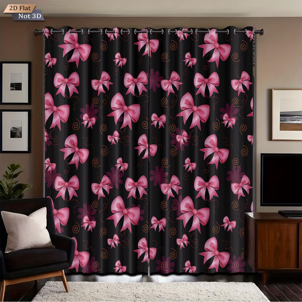 2Pcs Pink Bow Print Black Perforated Curtains Multiple Size Living Room And Bedroom Insulation Decoration, Easy Installation
