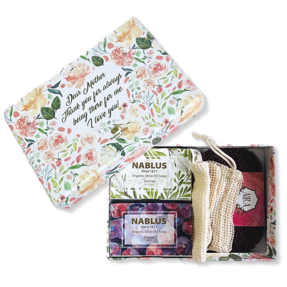

Подарок на день рождения NABLUS SOAP Полностью органическое мыло, 2 шт. Натуральная мыльница, сетка для взбивания [Набор для матери] Без добавок & &