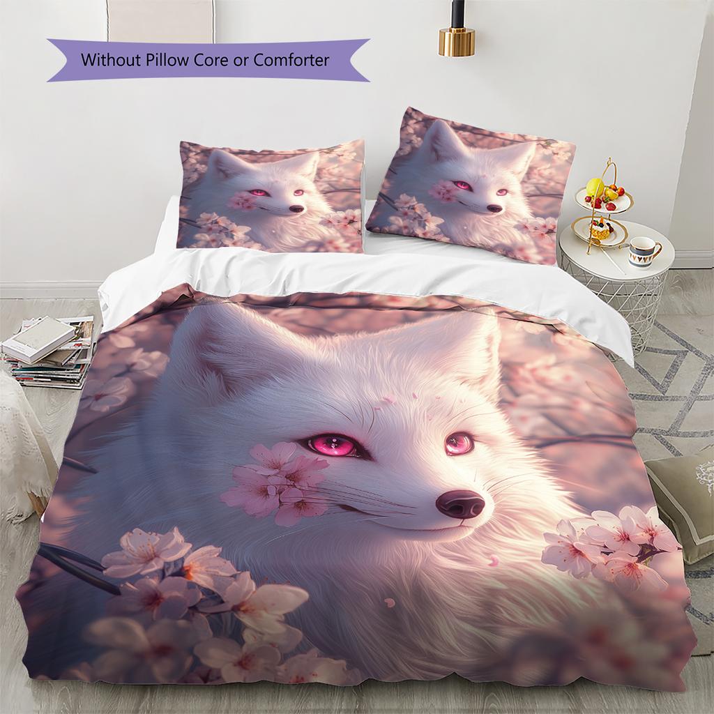 Bettwäsche mit weißem Fuchsmuster Heimdekoration Geburtstagsgeschenk (1 Bettbezug + 2 Kissenbezüge, ohne Füllung)